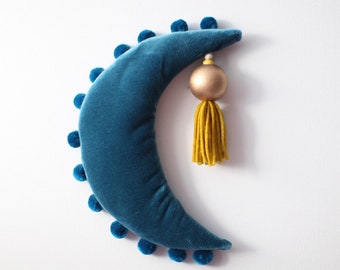 Teal Crescent Moon with Golden Tassel Velvet Art Wall Hanging