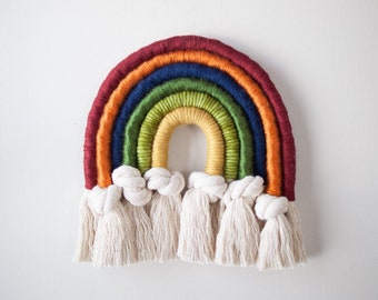 Vibrant Earthy and Knotted Fiber Rainbow Wall Hanging