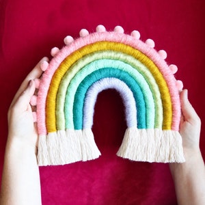 Fiber Rainbow Colorful with Pom Poms Wall Hanging image 3