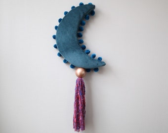 Teal Crescent Moon Velvet Art Wall Hanging with Tassel