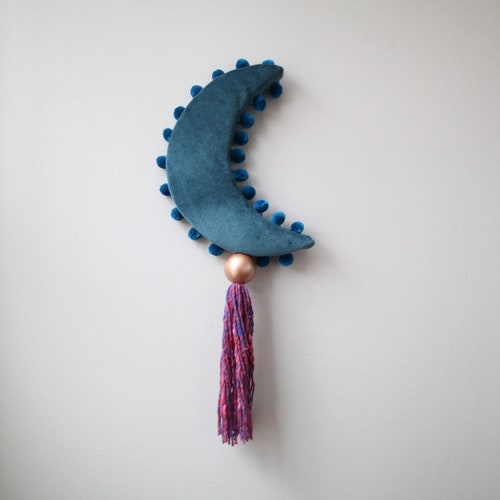 Teal Crescent Moon Velvet Art Wall Hanging With Tassel Etsy