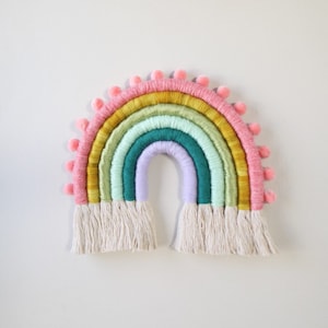 Fiber Rainbow Colorful with Pom Poms Wall Hanging