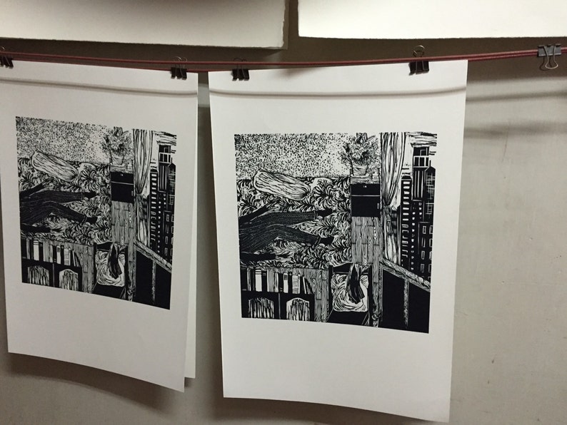 Linocut Print Black and White Art New York Art Original | Etsy