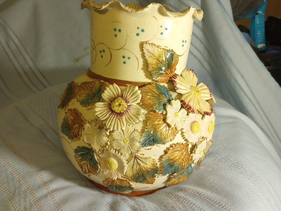 Antique Sand Vase Majolica Victorian Cream Wild Flowers Etsy