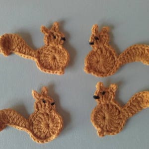 Motivo de la ardilla de ganchillo, motivo de ardilla, conjunto de 4 motivos, suministros de costura, aplique de ardilla, listo para enviar