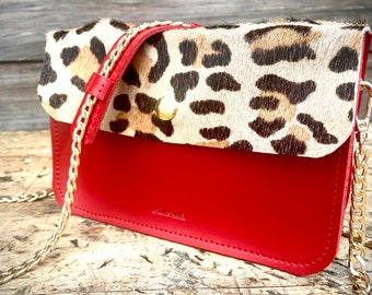 Leopard print Hair on hide mini satchel, Small leather shoulder bag, evening bag