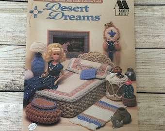 Fashion Doll Crochet Pattern for a Desert Dreams Bedroom, Desert Dreams 544B, Crochet Doll Bed, Bedspread and Pillow Sham, Rug, Floor Lamp