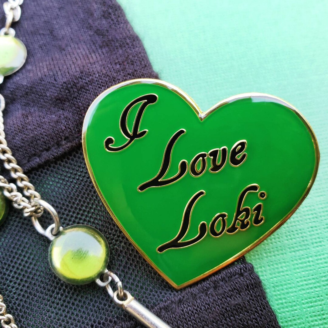 I Love Loki Enamel Pin, Gold, Green, Black Heart, God of Mischief ...