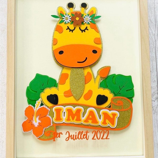 Cadre de naissance animal, décoration en papier découpé, décoration de chambre enfant , thème jungle savane