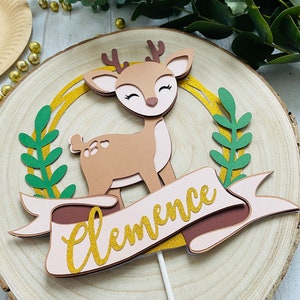 Decorazione per torta di compleanno di cerbiatta, animali della foresta, topper per compleanno a tema Bambi per ragazzo o ragazza e nome a tua scelta