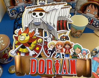 Decoração de bolo de aniversário One Piece, topo de bolo com tema de mangá para meninos, e nome à sua escolha.
