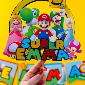Decorazione per torta di compleanno di Mario, topper per torta di compleanno per bambino a tema videogioco e nome a scelta