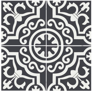 Puede incluir: Cuatro baldosas cuadradas dispuestas para crear un patr&oacute;n repetitivo. Cada baldosa presenta un fondo gris oscuro con un dise&ntilde;o blanco ornamentado. El dise&ntilde;o incluye l&iacute;neas onduladas, elementos florales y un motivo circular central.