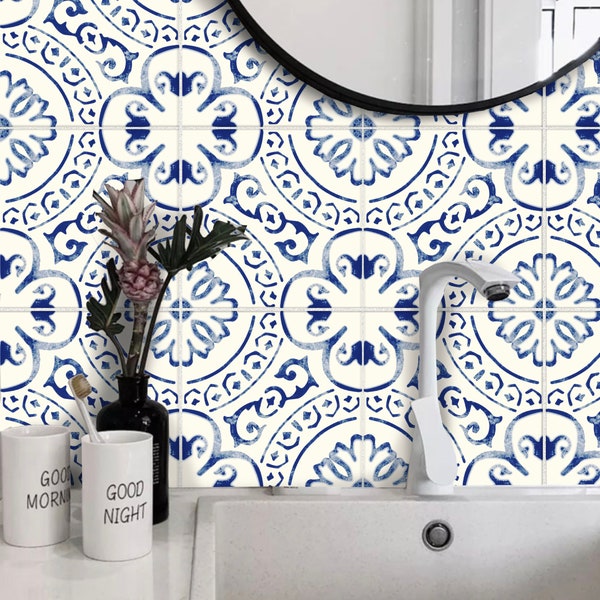 Tile Sticker Kitchen, bath, floor, wall Waterproof & Removable Peel n Stick: A72N Navy Blue/white