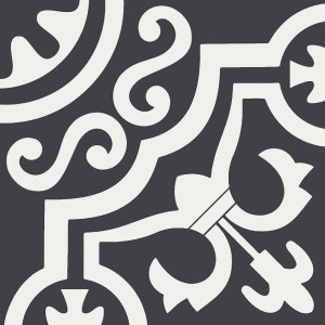 Puede incluir: Azulejo cuadrado con un patr&oacute;n repetitivo. El dise&ntilde;o presenta un fondo gris oscuro con un motivo blanco, ornamentado, de inspiraci&oacute;n floral. El patr&oacute;n incluye l&iacute;neas curvas, espirales y elementos florales estilizados.