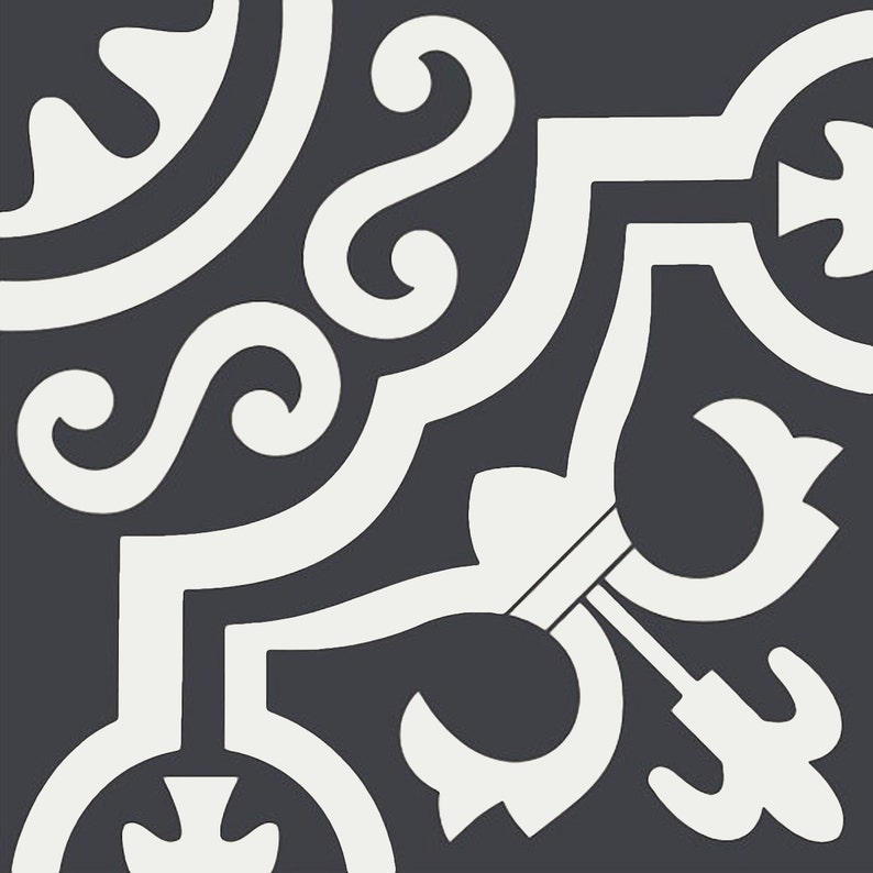 Puede incluir: Azulejo cuadrado con un patr&oacute;n repetitivo. El dise&ntilde;o presenta un fondo gris oscuro con un motivo blanco, ornamentado, de inspiraci&oacute;n floral. El patr&oacute;n incluye l&iacute;neas curvas, espirales y elementos florales estilizados.