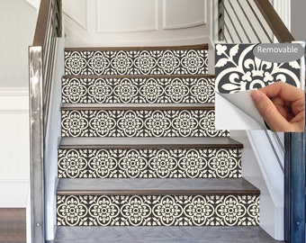May include: Staircase with decorative, removable tile stickers. The stickers feature a repeating floral pattern in cream and dark brown. The image shows the stickers applied to the stair treads, enhancing the look of the wooden stairs.