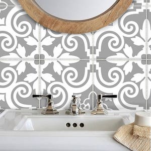 Tile Stickers Vinyl Decal WATERPROOF REMOVABLE for kitchen bath floor or stair: B173G Grey White