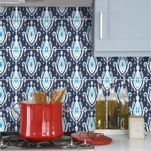 Tile Sticker Vinyl Decal for kitchen backsplash bath or floor WATERPROOF REMOVABLE: Blue Ikat F203