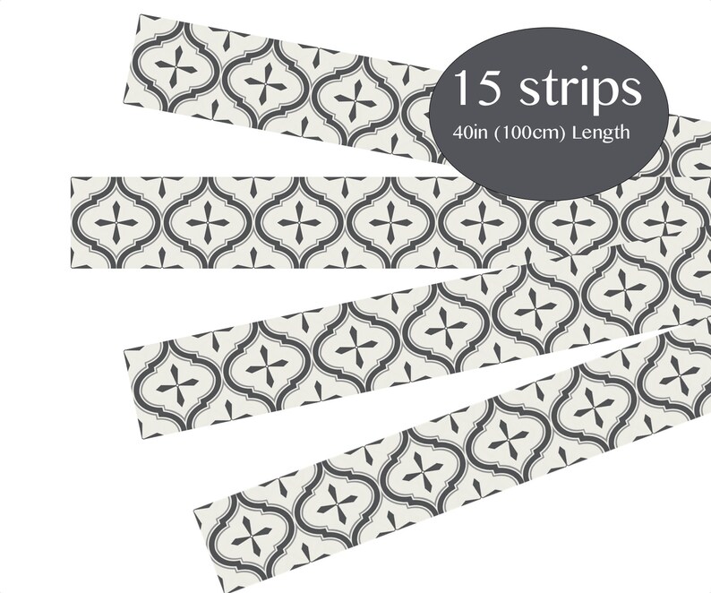 May include: Fifteen decorative strips with a repeating gray and white quatrefoil pattern. Each strip is 40 inches (100cm) long. The strips are arranged at different angles against a white background.