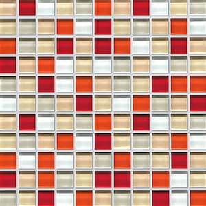 May include: A mosaic tile pattern with a grid of small, square tiles. The tiles are in a repeating pattern of red, orange, white, and beige. The tiles are set with white grout, creating a textured surface. The pattern is suitable for walls or floors.