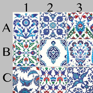 May include: Nine square tiles with intricate floral patterns in shades of blue, turquoise, red, and green against a white background. The tiles are arranged in a grid, showcasing various symmetrical designs inspired by traditional art.