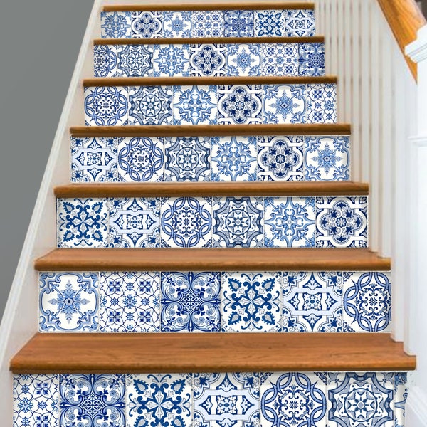 Stair Riser Vinyl Strips Removable Sticker Peel & Stick Set of 15steps : TR009 Blue Talavera