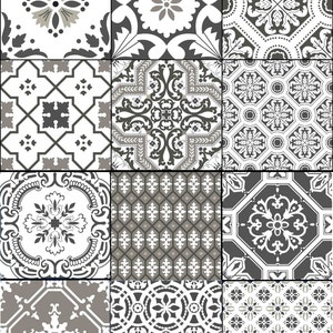 May include: A collection of patterned tiles in a grid arrangement. The tiles display floral and geometric motifs in white, grey, and charcoal hues. Each tile presents a distinct design, offering a varied and textured appearance.