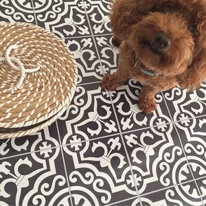 Puede incluir: Una cesta redonda de mimbre con un asa de cuerda blanca descansa sobre un suelo de baldosas estampadas. El suelo presenta un dise&ntilde;o repetitivo en blanco y negro. Un perro marr&oacute;n con pelo rizado tambi&eacute;n est&aacute; en la imagen.