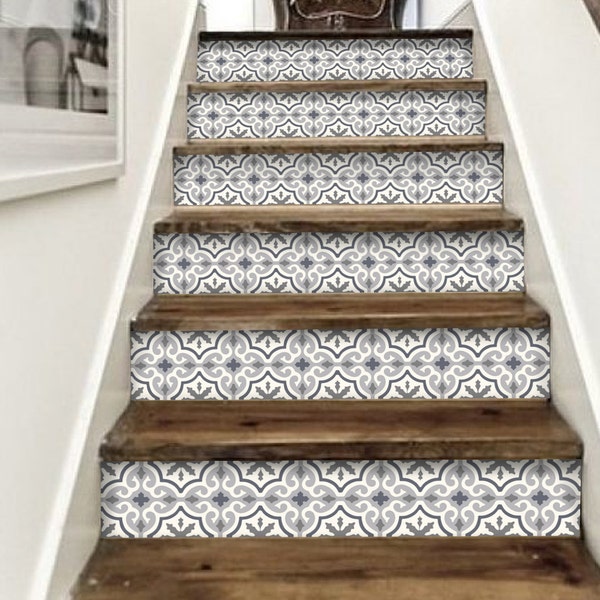 Stair Riser Vinyl Strips 15 steps Removable Sticker Peel & Stick : M030 MarrakechGrey