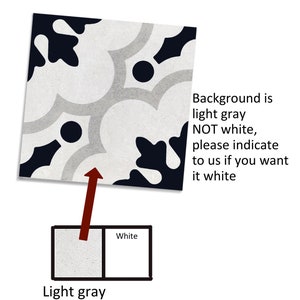 May include: Square tile with a decorative pattern in black, light grey, and white. The text on the image indicates the background is light grey, not white. The image also shows a colour comparison between light grey and white.