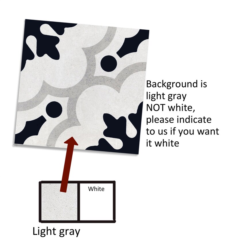 May include: Square tile with a decorative pattern in black, light grey, and white. The text on the image indicates the background is light grey, not white. The image also shows a colour comparison between light grey and white.