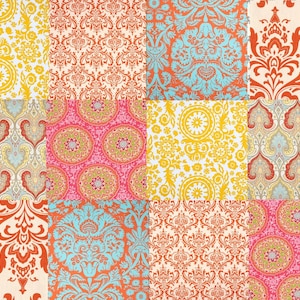May include: A colourful patchwork design with a variety of patterns. The image displays floral, damask, and circular motifs in yellow, orange, pink, and teal. The design combines classic and modern styles, creating a visually rich and diverse aesthetic.