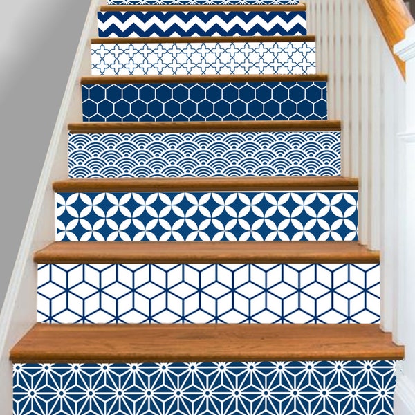 15steps Treppen Riser Vinyl Streifen Abnehmbarer Aufkleber Schälen & Aufkleben: Geometrische Blau (Navy) S002