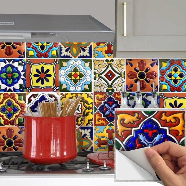 Tile Stickers Vinyl Decal for backsplash Bath Kitchen Floor Waterproof Removable:  Mexican Talavera  TR001