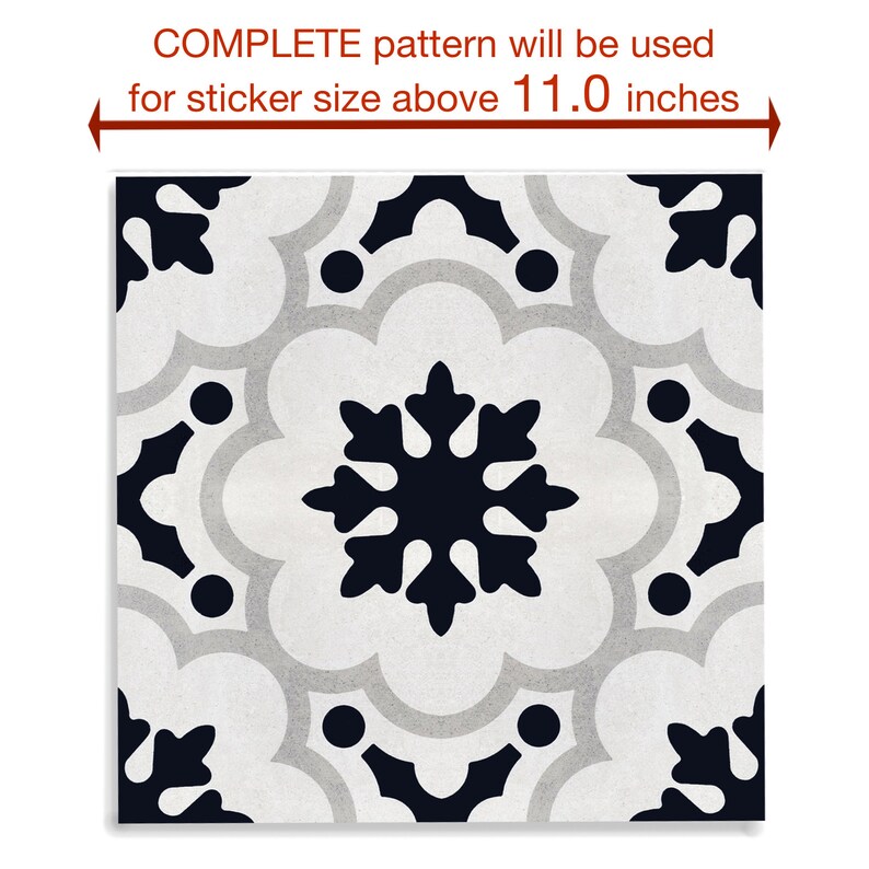 May include: Square tile with a repeating floral pattern in black, grey, and white. The text "COMPLETE pattern will be used for sticker size above 27.9 cm" is displayed at the top. The design features a central snowflake-like motif.