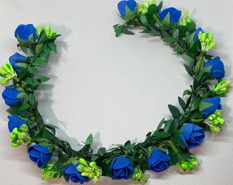 Royal blue crown headband Flower crown for girl Boho Blue and green head piece Floral hair piece for women Hair wreath of roses