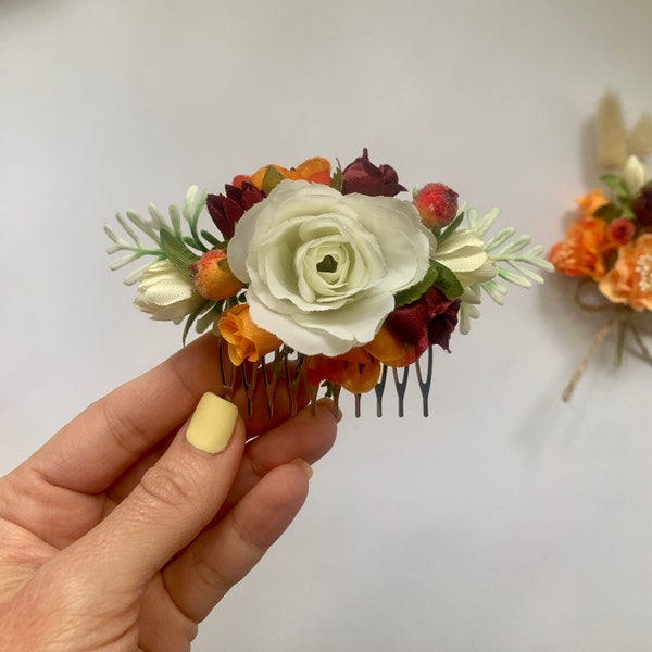 Burnt orange burgundy hair comb Terracotta flowers hair comb Boho hair comb Rusty hair piece Bridesmaid hairpiece Bridal hair set wedding