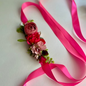 Fuchsia Flower Girl Belt: Magenta Satin Sash, Berry Floral Waist Wrap
