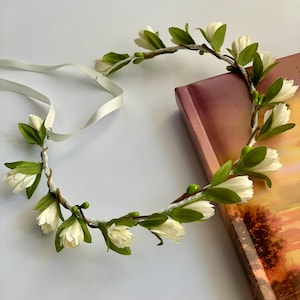 Floral Communion Crown: Ivory Flower Girl Headband with Ribbon