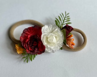Fall Flower Baby Headband: Burgundy, Ivory, and Burnt Orange