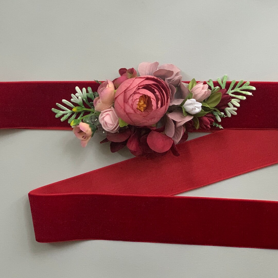 Burgundy Sash Dress Fall Belt Velvet Flower Girl Sash Belt Maternity Belt Baby Shower Floral