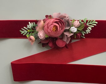 Burgundy Velvet Flower Sash Belt: Maternity, Wedding, or Baby Shower