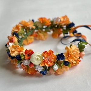 Burnt orange navy blue flower crown Flower girl headband Floral headpiece woman Orange navy blue crown bride Fall flower crown Boho wedding