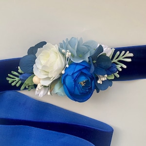 Navy Blue Velvet Flower Sash: Boho Bridal Belt