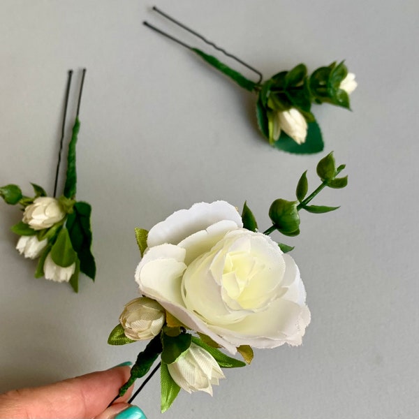 White rose hair pins set of 3 Flower girl hairpins Off white hair piece Communion hair pins set Wedding hair clips Eucalyptus hair pins