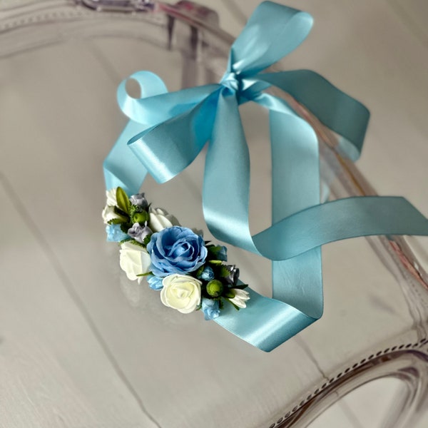 Dusty blue flower belt Bridal satin sash Floral belt Flower girl Light blue ivory wedding set Boho flower belt  wedding guests FAST SHIPPING