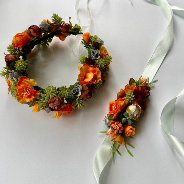 Terracotta Floral Crown: Rust, Sage Green, Orange Wedding Headpiece
