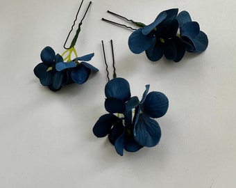 ネイビーの紫陽花ヘアピン：ウェディングヘアアクセサリー、3個セット