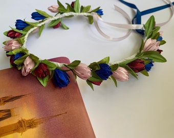 Navy blue burgundy headpiece Burgundy blush flower crown  Hair wreath wedding Maroon headband Dark flower crown Wedding